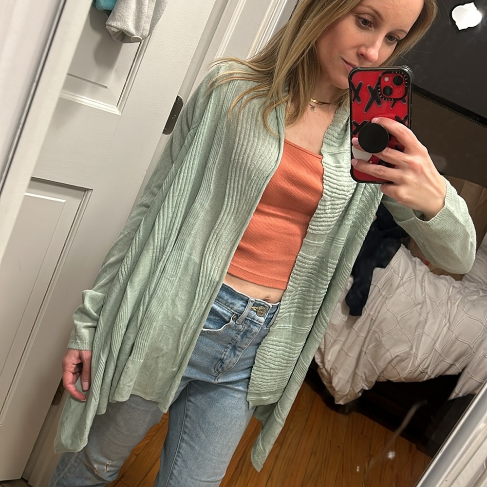 ✨MOTH✨ Anthropologie Flowy Green Wool Linen Light Sweater Open Cardigan Sz Small
